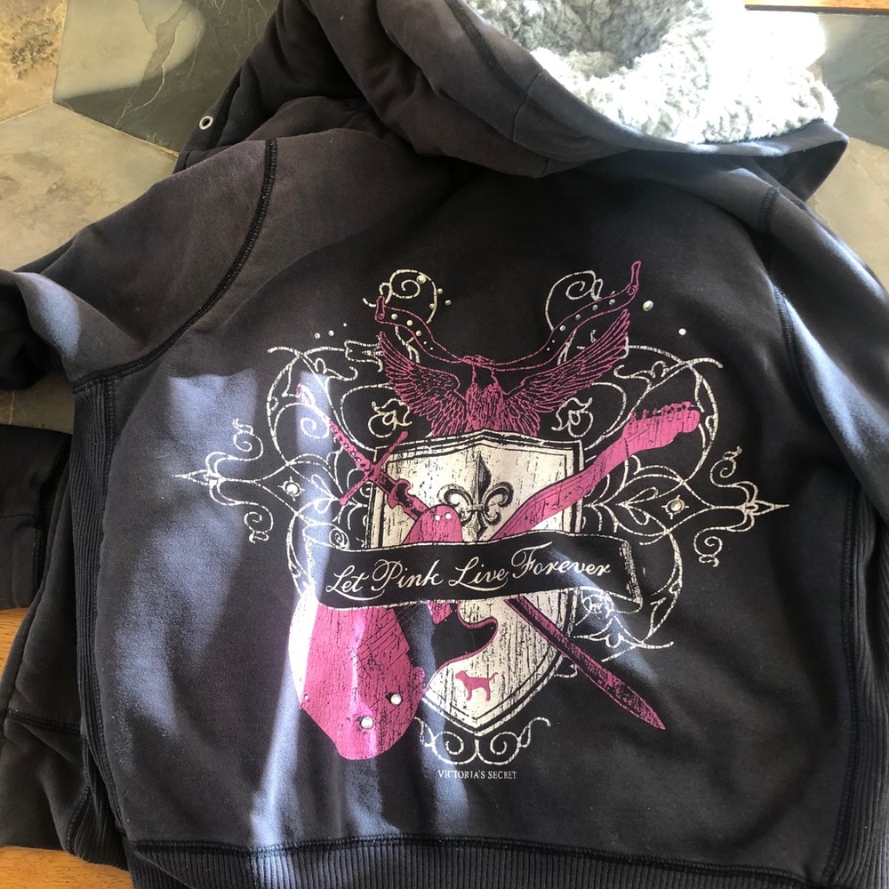 VS PINK Fur Coat Zip Up Hood Dog Let Pink Live M